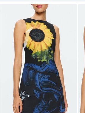 Alice + Olivia Black Mini Dress with Yellow Sunflower and Blue Swirl